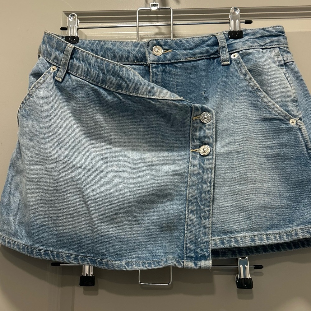 Free People Light Blue Denim Asymmetric Button Mini Skirt